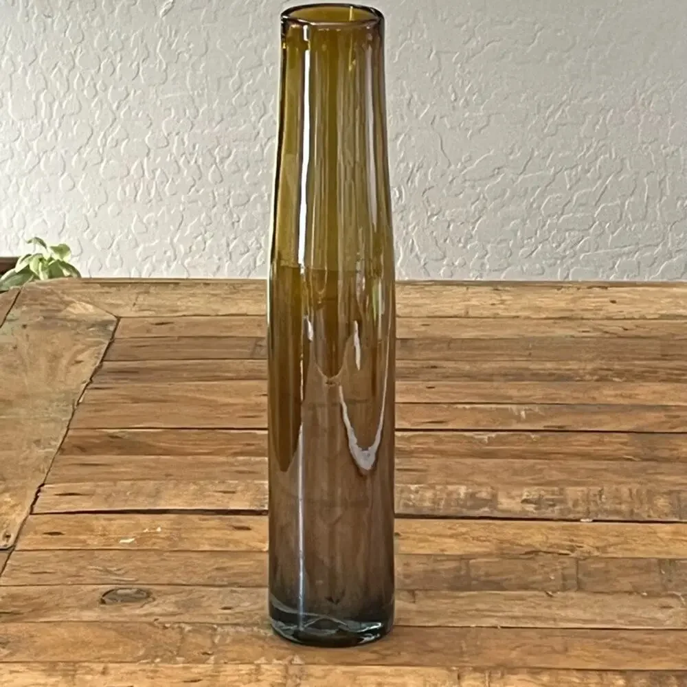 Mid Century Hand-blown Glass Amber Bud Swung Vase 12.25” Tall